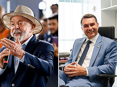 O presidente Luiz Inácio (PT) e o senador Flávio Bolsonaro (PL-RJ) aparecem empatados em pesquisa de Datafolha